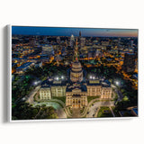 Vintage poster art of Austin, Texas skyline in vibrant colors on a large framed canvas, ideal for living room decor.