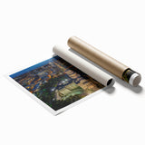 Extra large rolled print of Austin, Texas scenery with floral accents in muted earth tones.