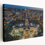 Large art depicting the Austin, Texas skyline in muted earth tones on stretched canvas, suitable for kitchen wall art.