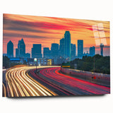 Large abstract depiction of Dallas skyline in muted blue and grey tones on acrylic glass.