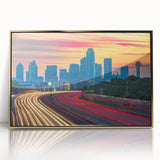 Acrylic print of Dallas skyline in gold and black, framed in mid-century modernist style, suitable for modern art wall decor.