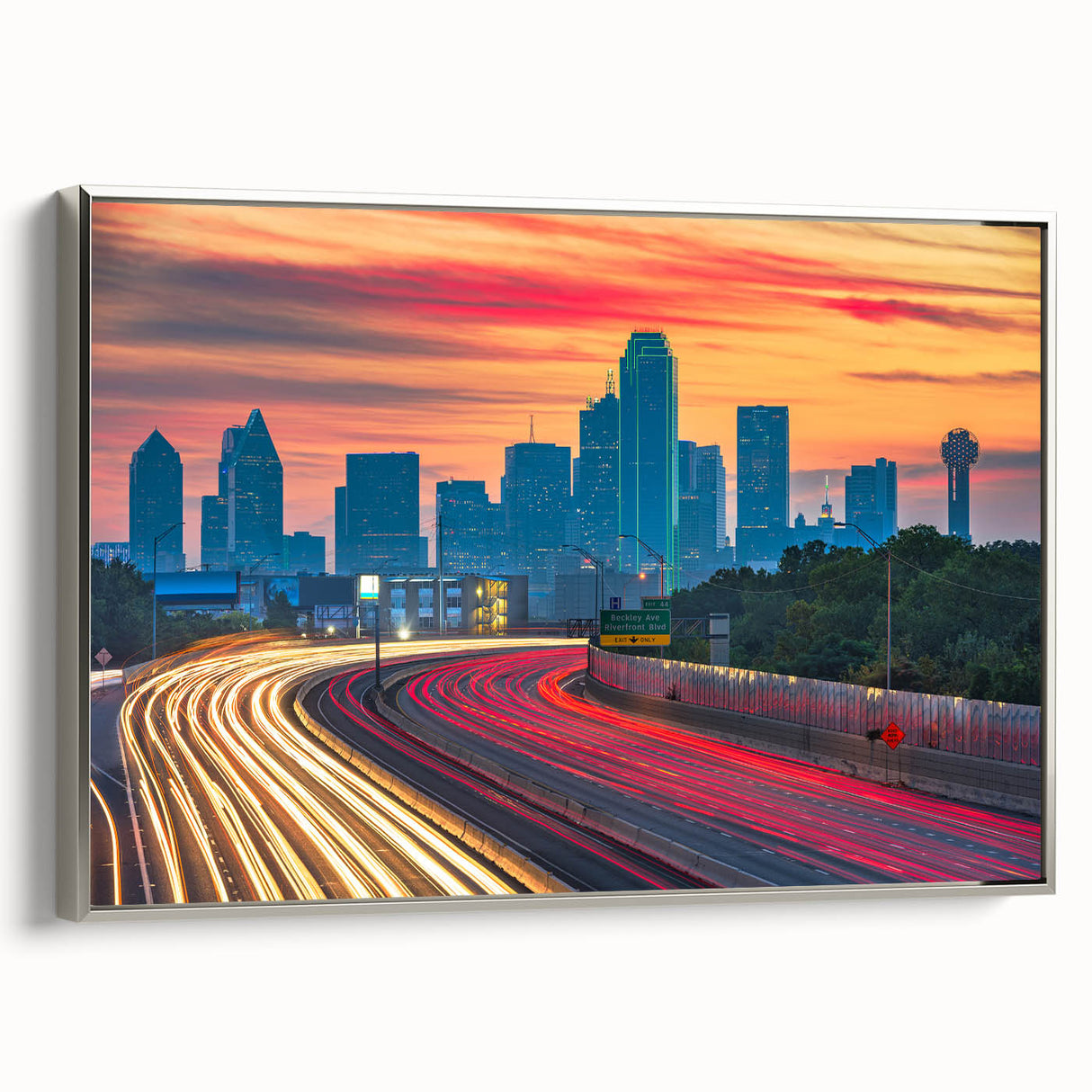 Framed canvas of Dallas skyline in colorful art style, ideal for modern office decor.
