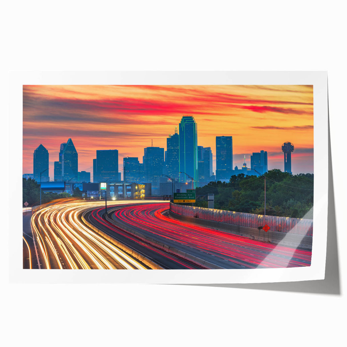 Dallas skyline in muted gray tones on a large rolled canvas, suitable for dining room wall art.