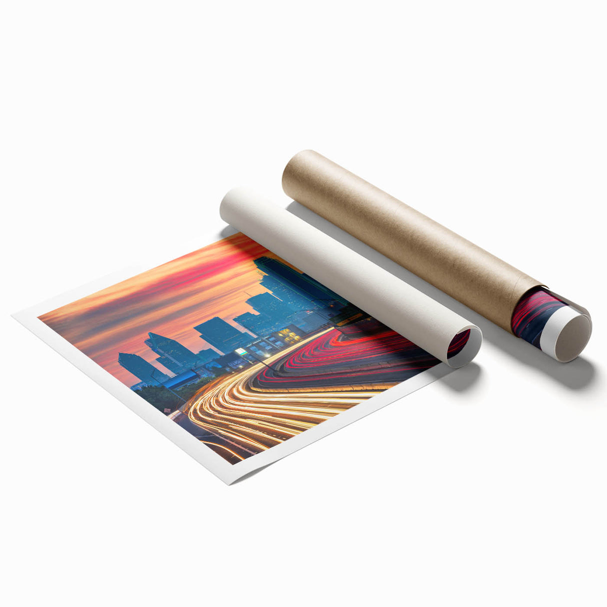 Extra large rolled print of Dallas skyline with muted gray and blue tones, ideal for classy bathroom wall art.