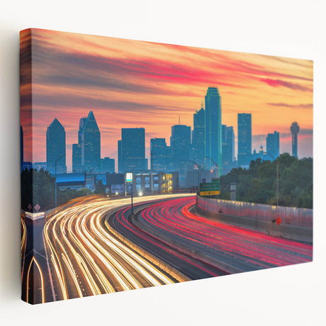 Dallas skyline in muted blue and gray tones on a large stretched canvas, suitable for kitchen wall art.