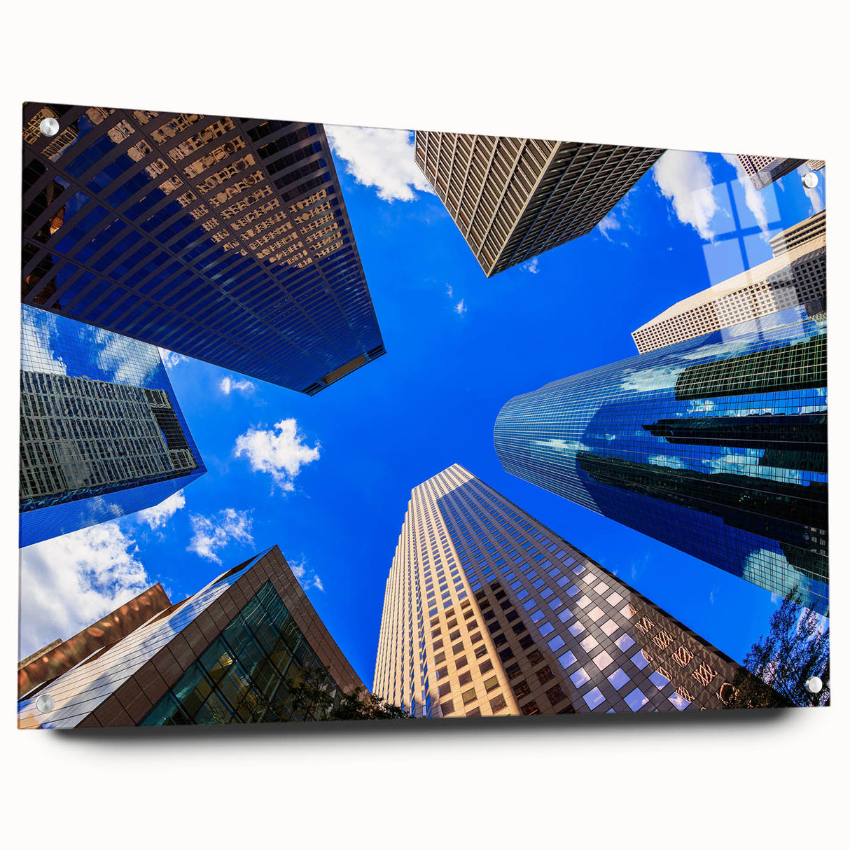 Acrylic print of abstract Houston skyline in muted blues and grays, suitable for bedroom or dining room decor.