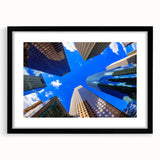 Abstract art print of Houston skyline with vibrant, colorful textures on a large framed canvas.