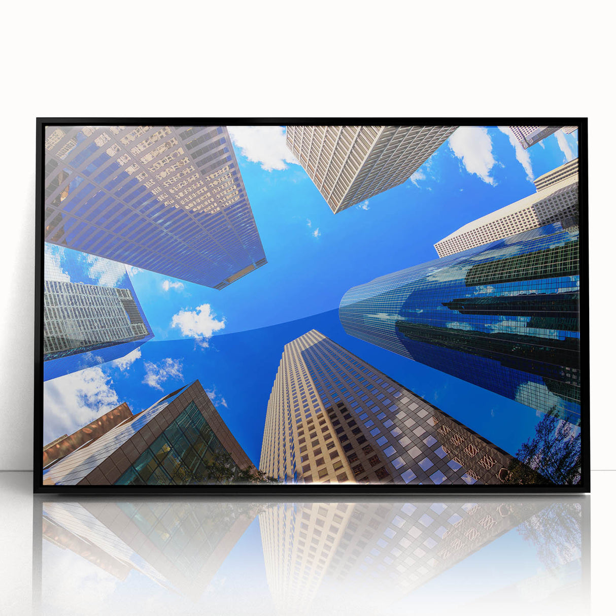 Large abstract wall art featuring Houston skyline in muted gray and blue tones, framed acrylic.