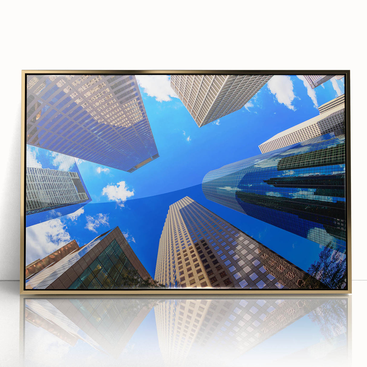 Framed acrylic print of Houston skyline in gold and blue tones, suitable for modern art wall decor.