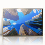 Framed acrylic print of Houston skyline in gold and blue tones, suitable for modern art wall decor.