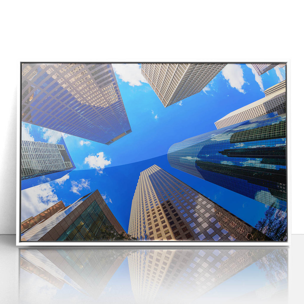 Framed acrylic print of Houston skyline in art deco style with soft gray and blue tones.
