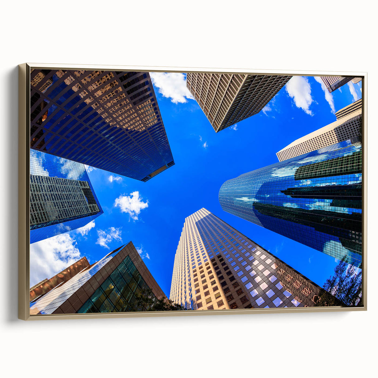 Framed canvas of Houston skyline in black and gold tones, ideal for bedroom wall art.