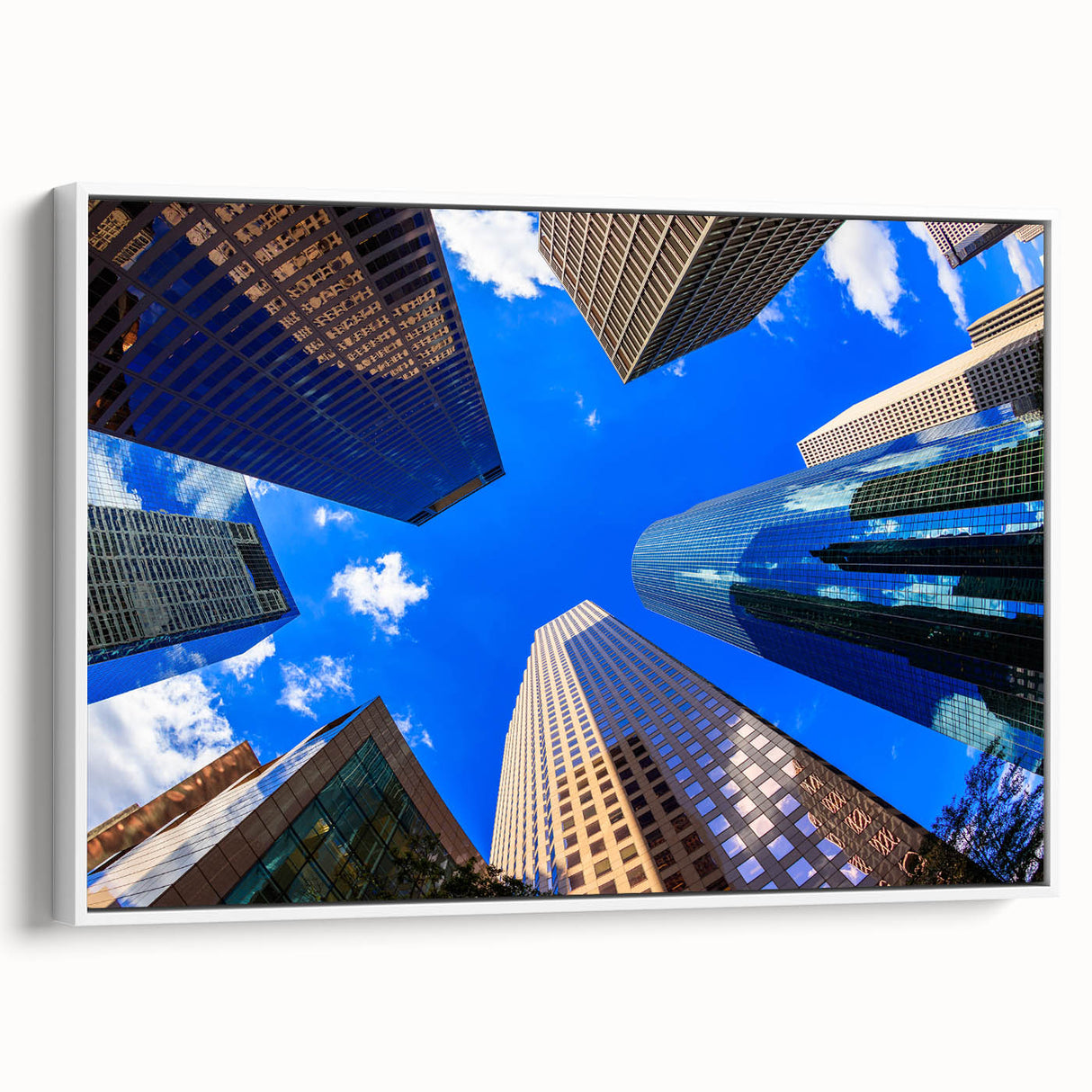 Vintage poster art of Houston skyline in vibrant colors on a framed canvas, ideal for living room decor.