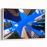 Vintage poster art of Houston skyline in vibrant colors on a framed canvas, ideal for living room decor.