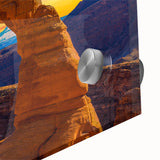 Mid-century modernist abstract design of Utah Arches in muted earth tones on acrylic glass, ideal for dining room art.