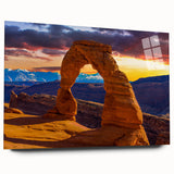 Acrylic print of a large abstract depiction of Arches National Park in Utah, featuring red and orange tones.
