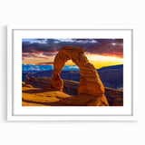 Abstract art print of Arches National Park in Utah, featuring earth tones, framed in white, ideal for dining room decor.