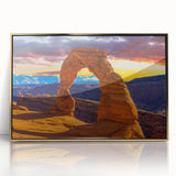 Mid-century modernist large art print of Arches National Park in Utah, framed acrylic with gold accents.