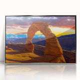 Mid-century modernist art depicting Arches National Park in Utah, framed acrylic with a silver finish.