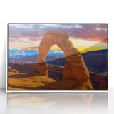 Art deco poster of Arches National Park in Utah with earthy tones on a white framed acrylic.