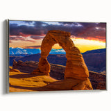 Framed canvas landscape art painting of Arches National Park in Utah with vibrant red and orange tones.
