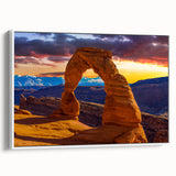 Vintage poster art of Arches National Park on a framed canvas, featuring colorful art on a black background.