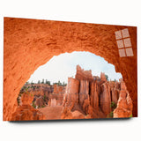 Large abstract depiction of Bryce Canyon in muted earth tones on acrylic glass, suitable for bedroom or dining room art.