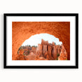 Extra large textured abstract art print of colorful Bryce Canyon, in a black frame with mat, ideal for living room decor.