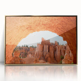 Framed acrylic print of Bryce Canyon with earthy tones and mid-century modernist style, suitable for modern art wall decor.