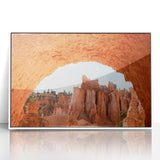 Art Deco poster of Bryce Canyon in muted orange and red tones, framed acrylic, ideal for modern art wall decor.