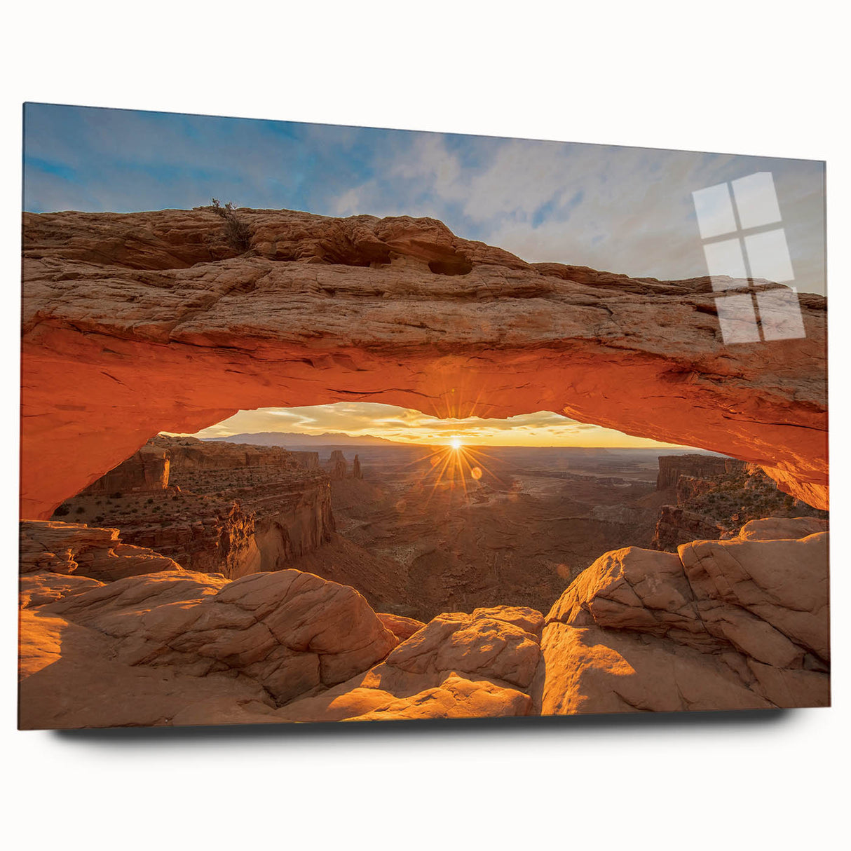 Large abstract wall art of Canyonlands in muted earth tones on acrylic glass, suitable for bedroom or dining room decor.
