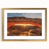 Extra large abstract art print of Canyonlands, featuring textured earth tones on a gold-framed canvas.