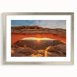 Textured art print of Canyonlands with abstract design, featuring earthy red and orange tones on a silver-framed mat.