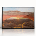 Large abstract wall art depicting Canyonlands in Utah with vibrant red and orange tones, presented in a black framed acrylic.