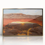 Mid-century modernist acrylic print of Canyonlands with warm earth tones, framed in gold, suitable for modern art wall decor.