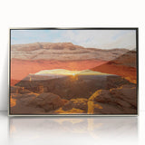Mid-century modernist art of Canyonlands, Utah in earth tones on a silver-framed acrylic print.