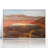 Acrylic print of Canyonlands with muted earth tones, framed in white, suitable for modern art wall decor.