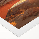 Art deco poster of Canyonlands with orange and red hues on rolled canvas, suitable for dining room wall art.