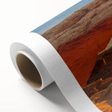 Art deco poster of Canyonlands with soft orange and blue hues on rolled canvas, suitable for nursery wall art.