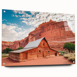Acrylic print of Capitol Reef, Utah, showcasing red rock formations under a clear blue sky, suitable for dining room decor.