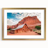 Extra large abstract art print of Utah's Capitol Reef in textured tones, framed in gold, suitable for living room decor.