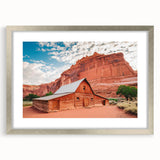 Textured art print of Capitol Reef with abstract design in earth tones, framed in silver, ideal for bedroom decor.