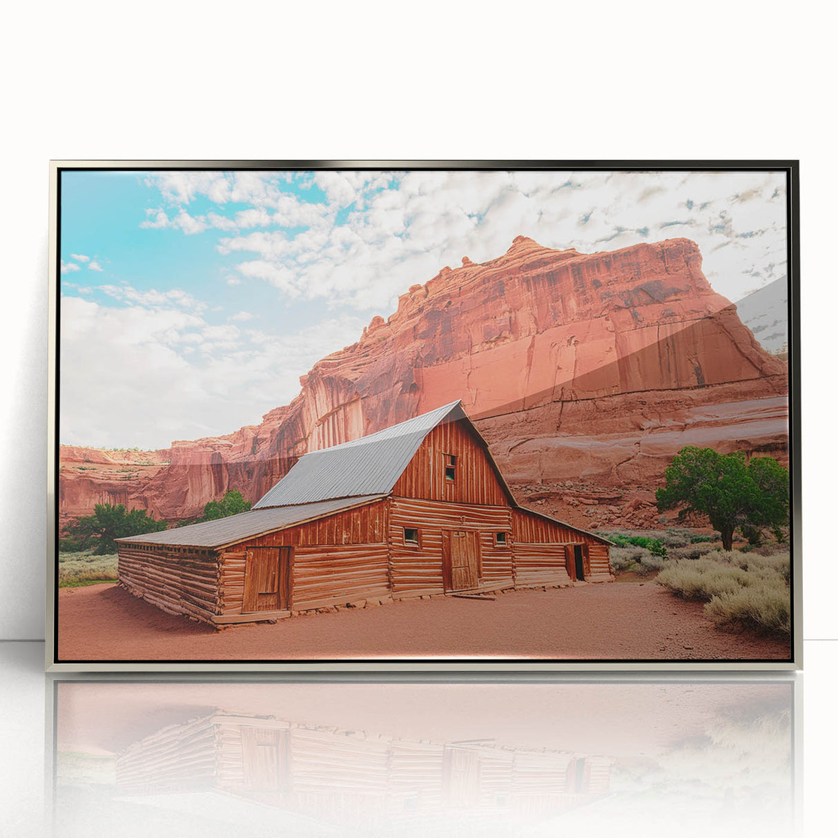 Mid-century modernist art of Utah's Capitol Reef in muted earth tones on a silver-framed acrylic print.