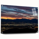 Acrylic print of Salt Lake City with muted blue and gray tones, ideal for modern bedroom or dining room decor.