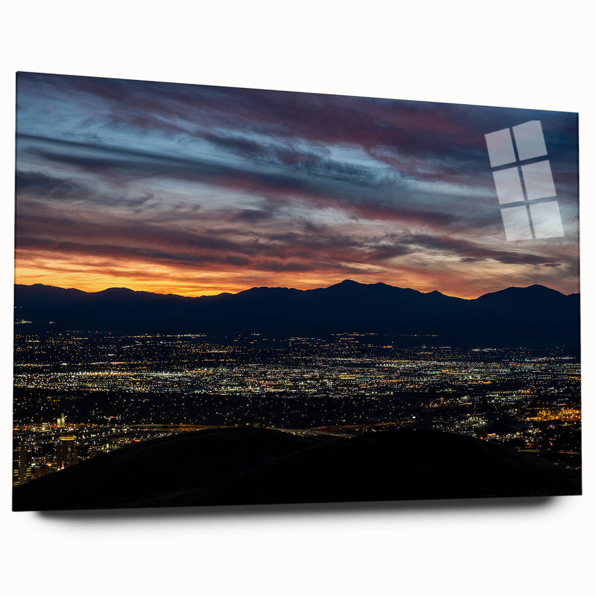 Acrylic print of Salt Lake City skyline in muted blue and gray tones, suitable for bedroom or dining room decor.