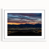 Abstract art print of Salt Lake City with muted blue and gray tones on a white-framed canvas, ideal for dining room decor.