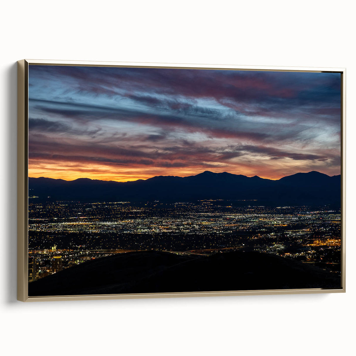 Framed canvas featuring a vintage-style landscape painting of Salt Lake City in black and gold tones.