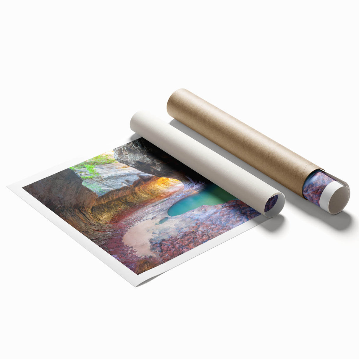 Extra large rolled print of Zion National Park with vivid green and beige tones, suitable as classy bathroom wall art.
