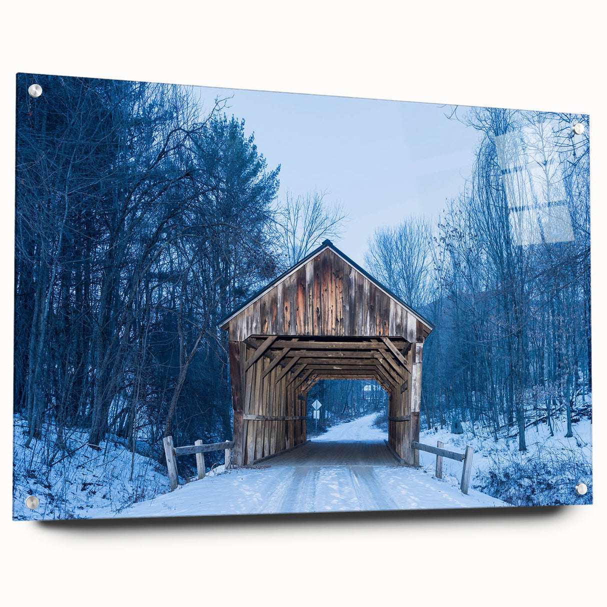 Acrylic print of a Vermont landscape with lush greenery and a serene lake, suitable for bedroom or dining room decor.