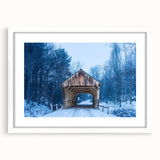 Abstract art print featuring a serene Vermont landscape in muted green and blue tones on a framed white mat.